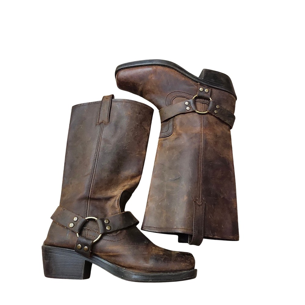 Mossimo Supply Co L 9.5 Brown Leather Harness Biker Boots Square Toe Distressed - Picture 4 of 12